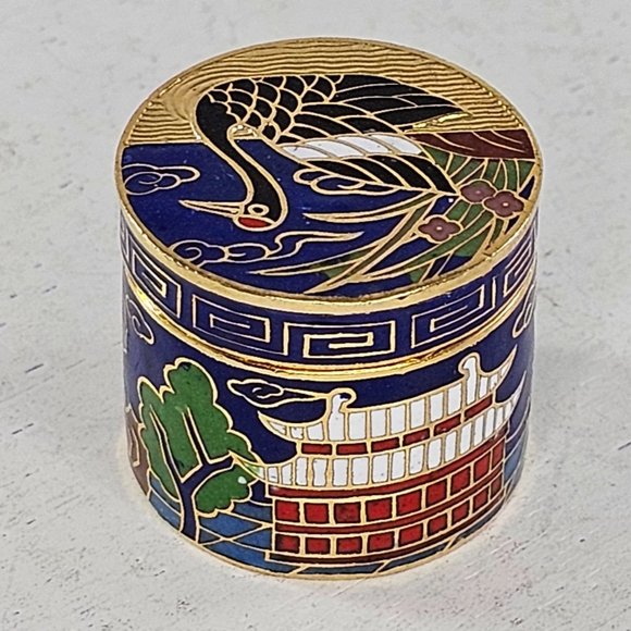 Vintage Cloisonne Enamel Miniature Trinket Snuff Crane Bird Lidded - Picture 5 of 9